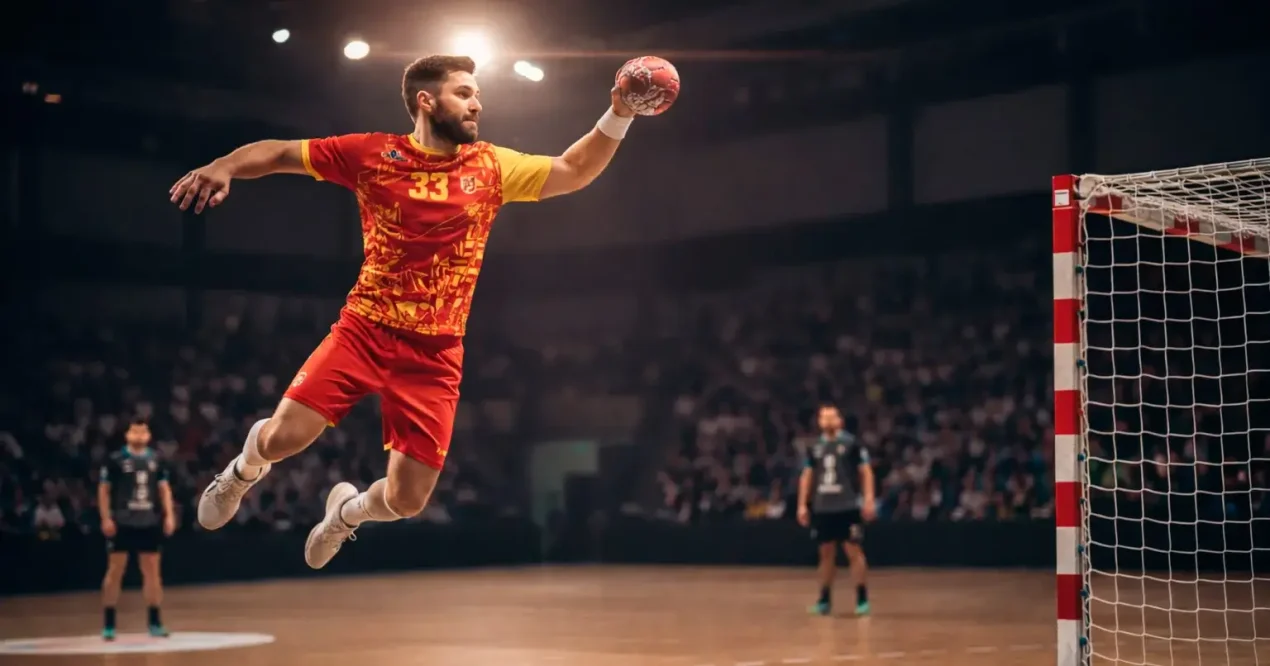 Handbollsspelare i aktion under en professionell match med dramatiskt halljus