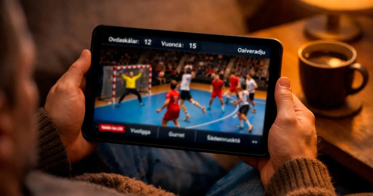 Supporter följer en handbollsmatch live på surfplatta med matchstatistik på skärmen