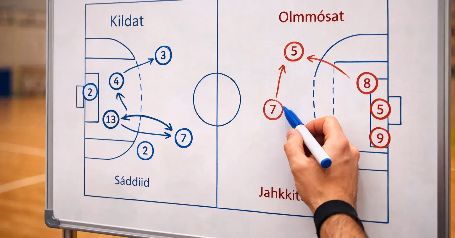 Taktiktavla för handboll med laguppställning och spelpositioner markerade
