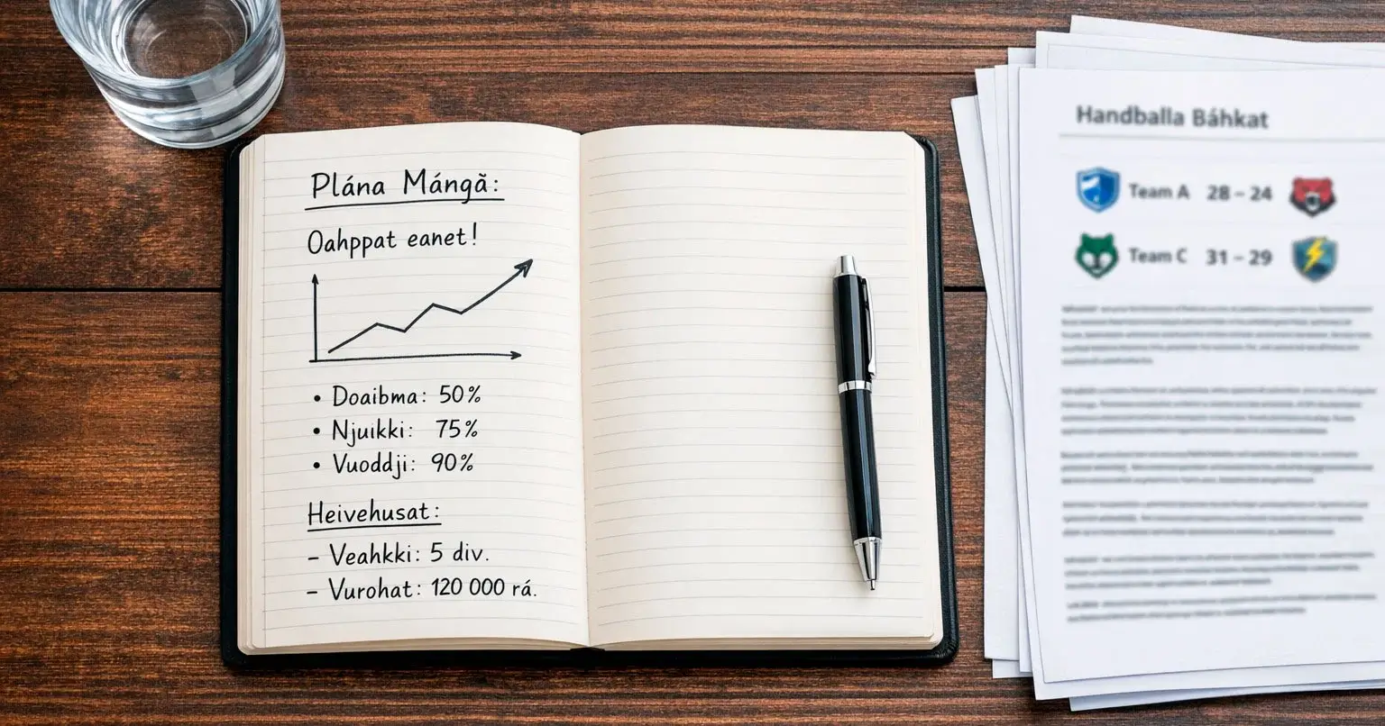 Anteckningsbok med handskrivna handbollsanalyser bredvid en penna och enkel graf