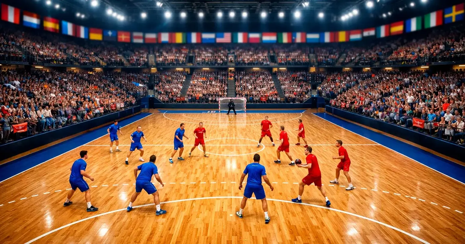Fullsatt europeisk handbollsarena med publik och strålkastare under en stormatch